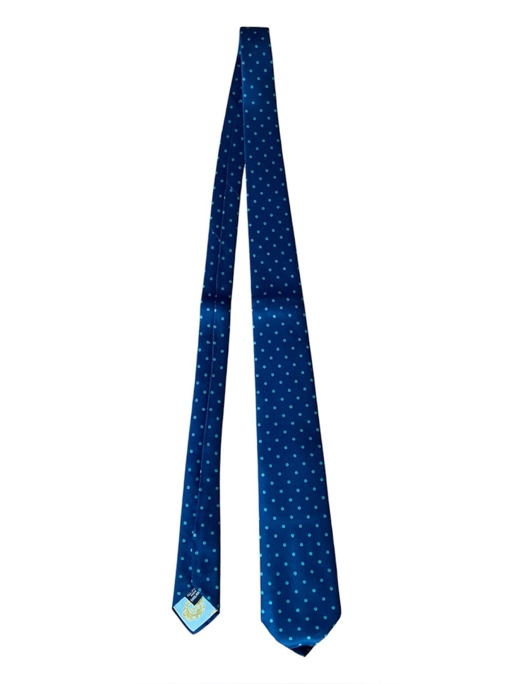Vtg Chipp silk necktie polka dot navy teal 3.75x55” XS UK euc